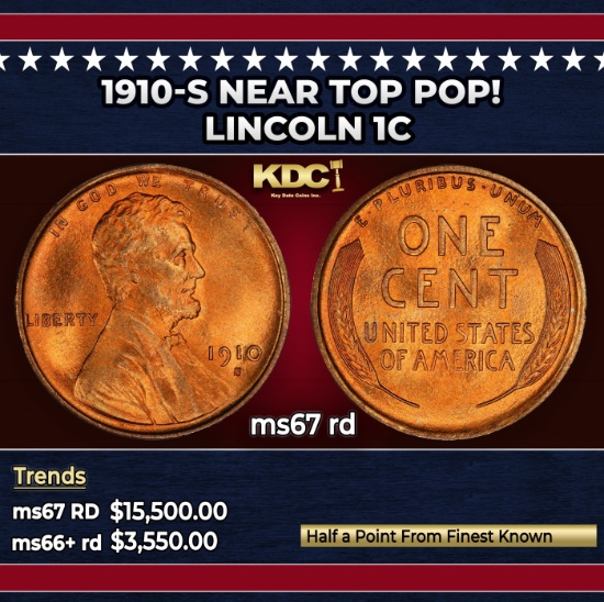 1910-s Lincoln Cent Near Top Pop! 1c ms67 rd SEGS