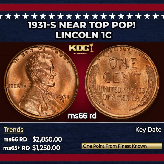 1931-s Lincoln Cent Near Top Pop! 1c ms66 rd SEGS