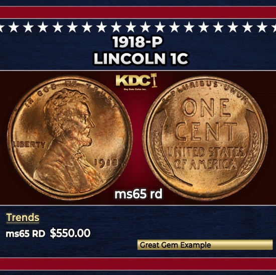 1918-p Lincoln Cent 1c Grades ms65 rd