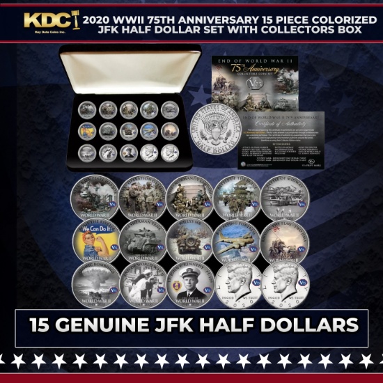 2020 WWII 75th Anniversary 15 Piece Colorized JFK Half Dollar Set with Collectors Box Other Toy