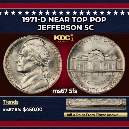 1971-d Jefferson Nickel Near Top Pop 5c ms67 5fs SEGS