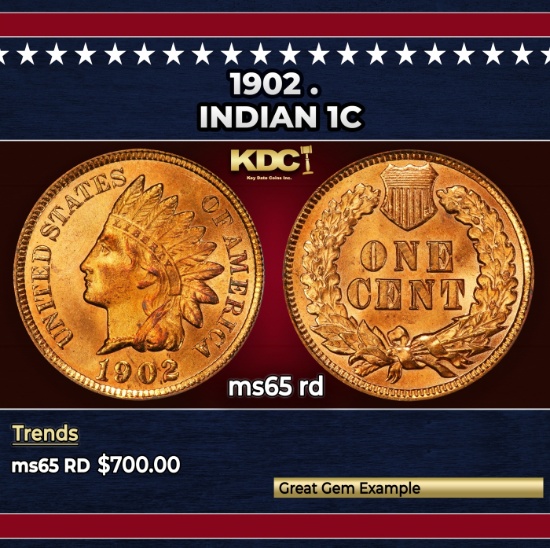 1902 Indian Cent . 1c Grades ms65 rd