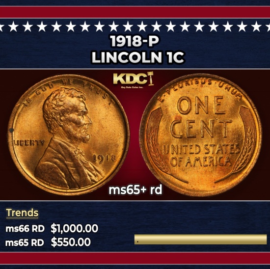 1918-p Lincoln Cent 1c Grades ms65+ rd