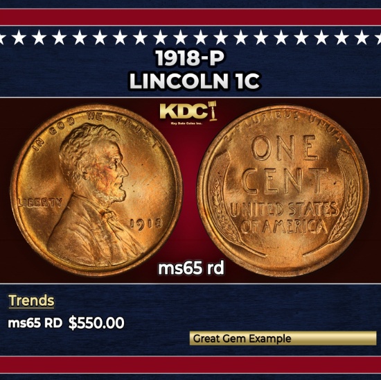 1918-p Lincoln Cent 1c Grades ms65 rd