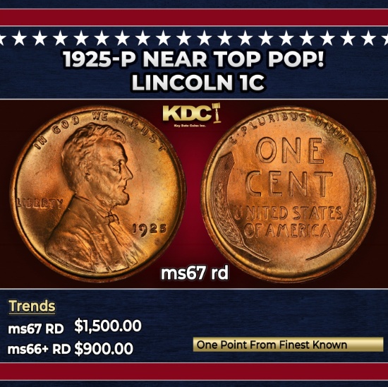 1925-p Lincoln Cent Near Top Pop! 1c ms67 rd SEGS