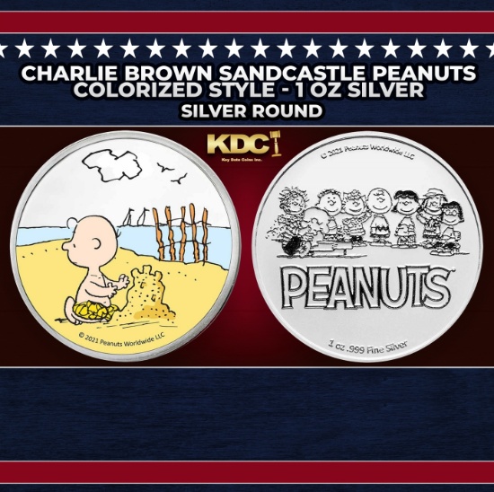 Charlie Brown Sandcastle Peanuts Colorized Style - 1 oz Silver Round Round