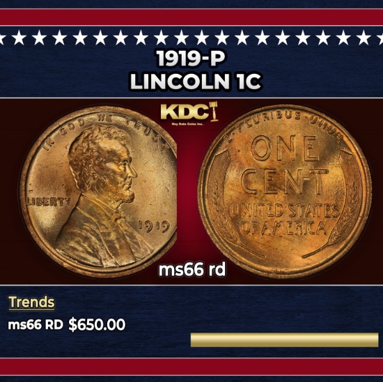 1919-p Lincoln Cent 1c Grades ms66 rd