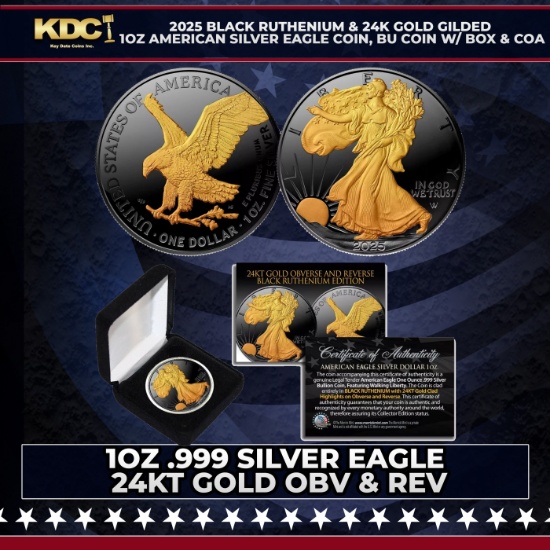 2025 Black Ruthenium & 24K Gold Gilded 1oz American Silver Eagle Coin, BU Coin w/ Box & COA Other To
