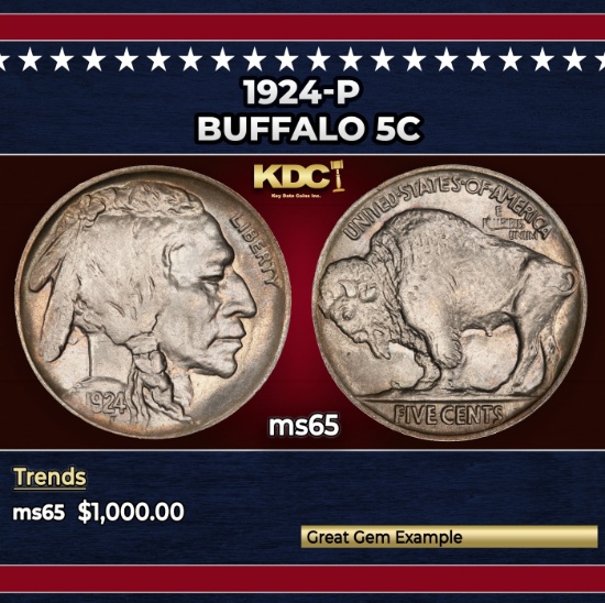 1924-p Buffalo Nickel 5c ms65 SEGS