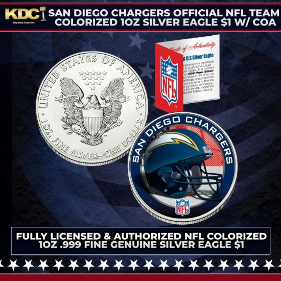 San Diego Chargers Official NFL Team Colorized 1oz Silver Eagle $1 w/ COA Other Toy