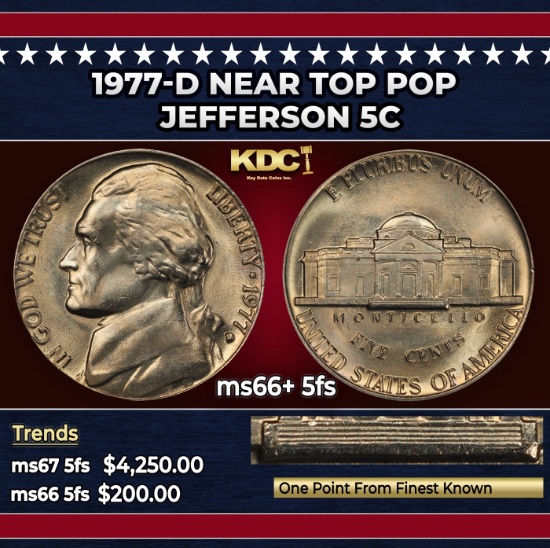 1977-d Jefferson Nickel Near Top Pop 5c ms66+ 5fs SEGS