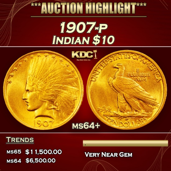 1907-p Gold Indian Eagle $10 ms64+ SEGS