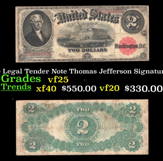 1917 $2 Large Size Legal Tender Note Thomas Jefferson Grades vf+ Signatures Speelman/White