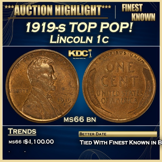1919-s Lincoln Cent TOP POP! 1c ms66 bn SEGS