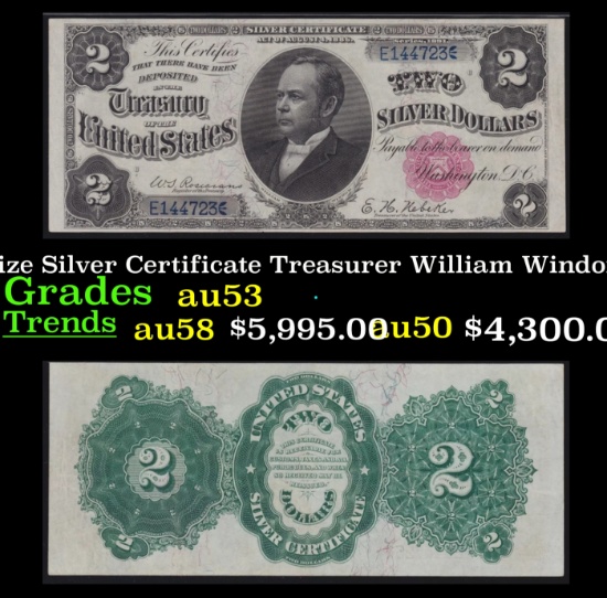 1891 $2 Large Size Silver Certificate "Windom Note" Treasurer William Windom Grades Select AU Signat