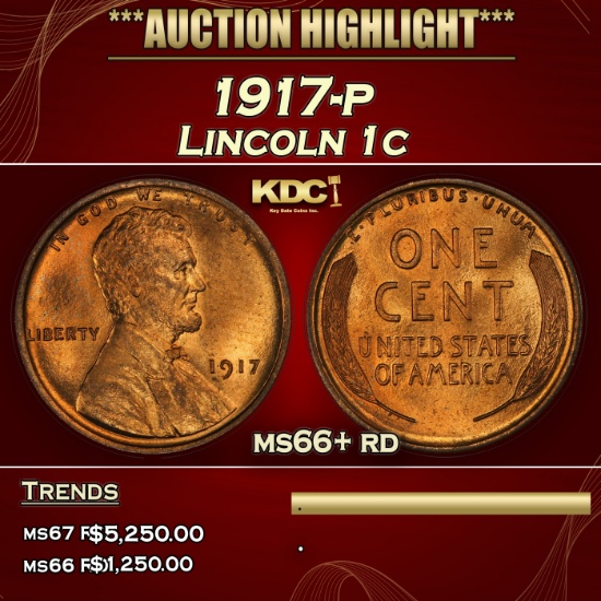1917-p Lincoln Cent 1c ms66+ rd SEGS