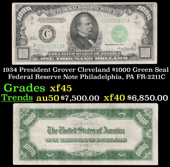 1934 $1000 Green Seal Federal Reserve Note President Grover Cleveland Philadelphia, PA Grades xf+ FR