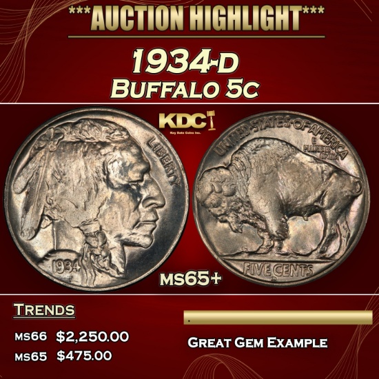 1934-d Buffalo Nickel 5c ms65+ SEGS
