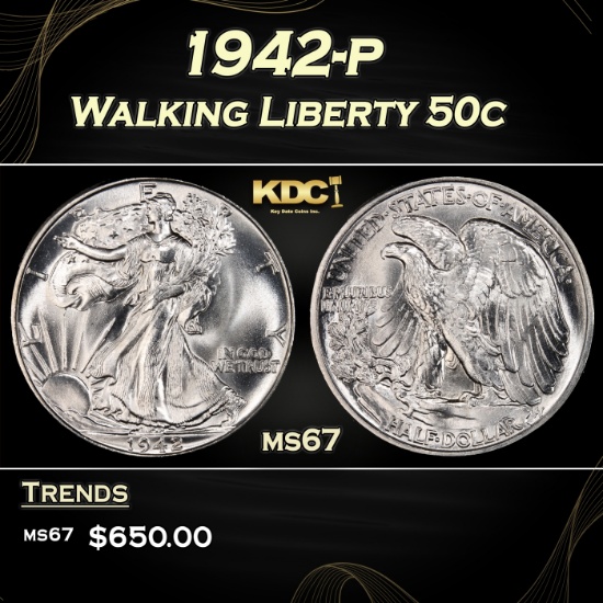 1942-p Walking Liberty Half Dollar 50c ms67 SEGS