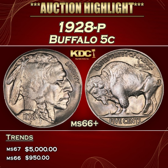 1928-p Buffalo Nickel 5c ms66+ SEGS