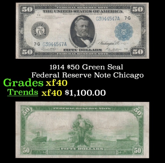 1914 $50 Green Seal Federal Reserve Note Grades xf Chicago