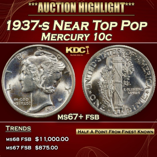 1937-s Mercury Dime Near Top Pop 10c ms67+ fsb SEGS