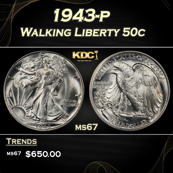 1943-p Walking Liberty Half Dollar 50c ms67 SEGS