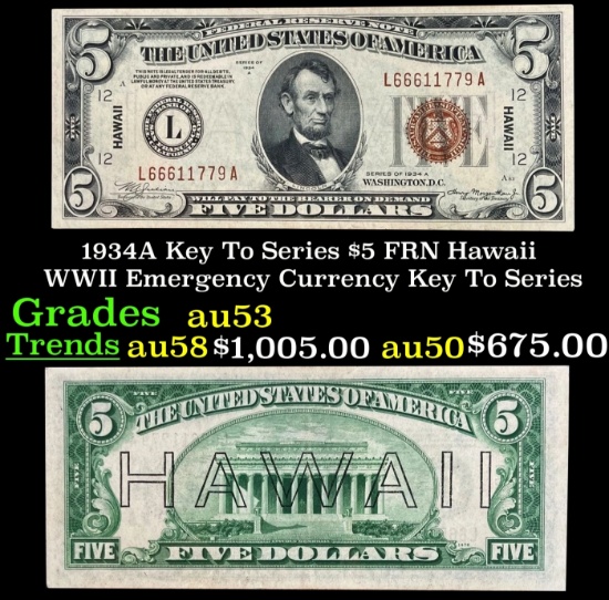 1934A $5 FRN Hawaii WWII Emergency Currency Key To Series Key To Series Grades Select AU