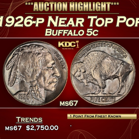 1926-p Buffalo Nickel Near Top Pop 5c ms67 SEGS