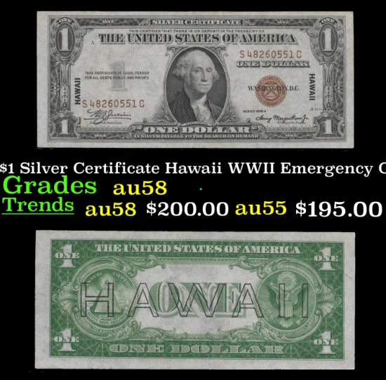 1935A $1 Silver Certificate Hawaii WWII Emergency Currency Grades Choice AU/BU Slider