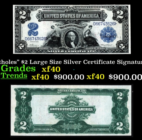 1899 $2 Large Size Silver Certificate "Mini-Portholes" Grades xf Signatures Vernon/Treat