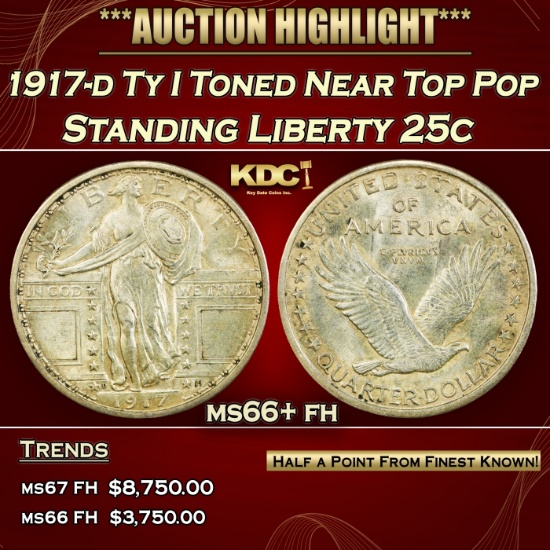 1917-d Ty I Standing Liberty Quarter Toned Near Top Pop 25c ms66+ fh SEGS