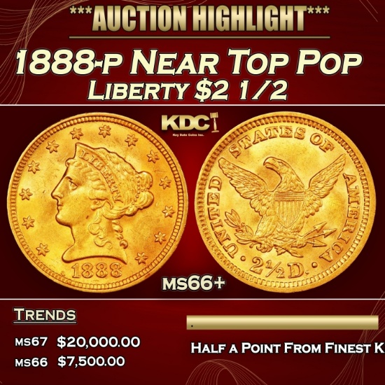 1888-p Gold Liberty Quarter Eagle Near Top Pop $2 1/2 ms66+ SEGS