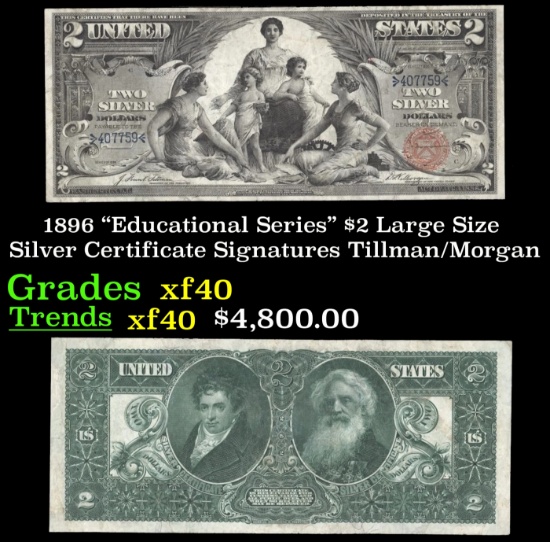 1896 $2 Large Size Silver Certificate "Educational Series" Grades xf Signatures Tillman/Morgan