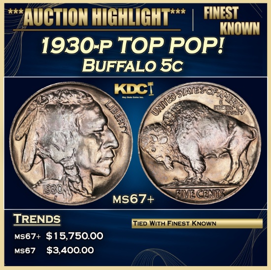 1930-p Buffalo Nickel TOP POP! 5c ms67+ SEGS