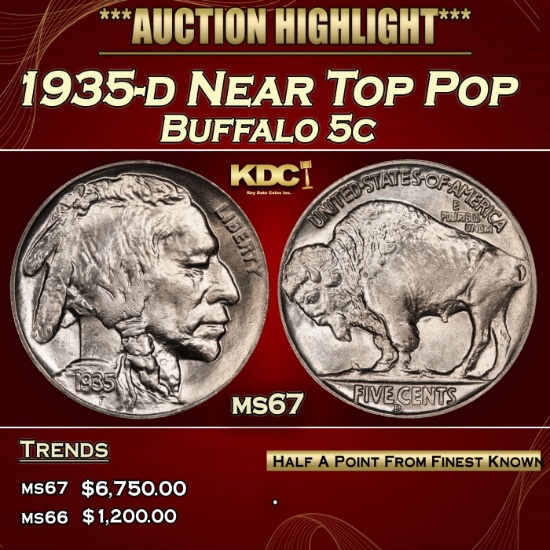1935-d Buffalo Nickel Near Top Pop 5c ms67 SEGS