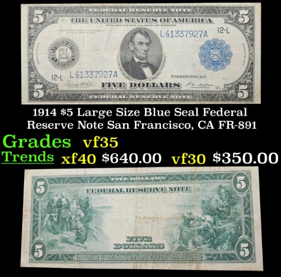 1914 $5 Large Size Blue Seal Federal Reserve Note San Francisco, CA Grades vf++ FR-891