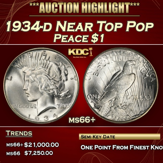 1934-d Peace Dollar Near Top Pop $1 ms66+ SEGS