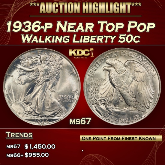 1936-p Walking Liberty Half Dollar Near Top Pop 50c ms67 SEGS