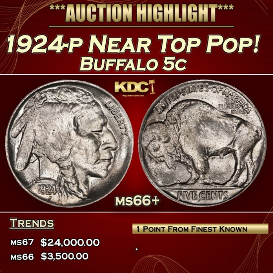 1924-p Buffalo Nickel Near Top Pop! 5c ms66+ SEGS