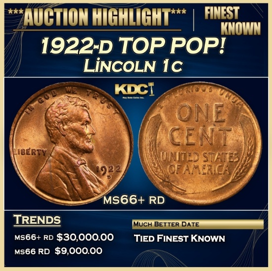1922-d Lincoln Cent TOP POP! 1c Grades ms66+ rd