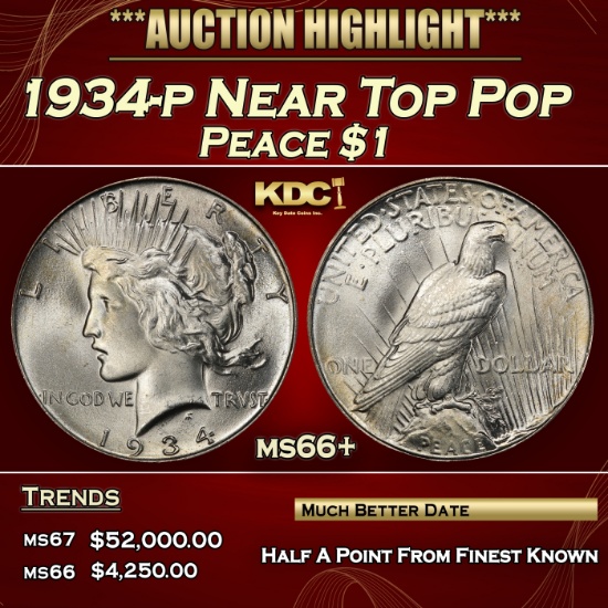 1934-p Peace Dollar Near Top Pop $1 ms66+ SEGS