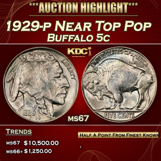 1929-p Buffalo Nickel Near Top Pop 5c ms67 SEGS