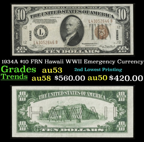 1934A $10 FRN Hawaii WWII Emergency Currency Grades Select AU