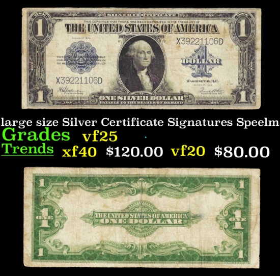 1923 $1 large size Silver Certificate Grades vf+ Signatures Speelman/White