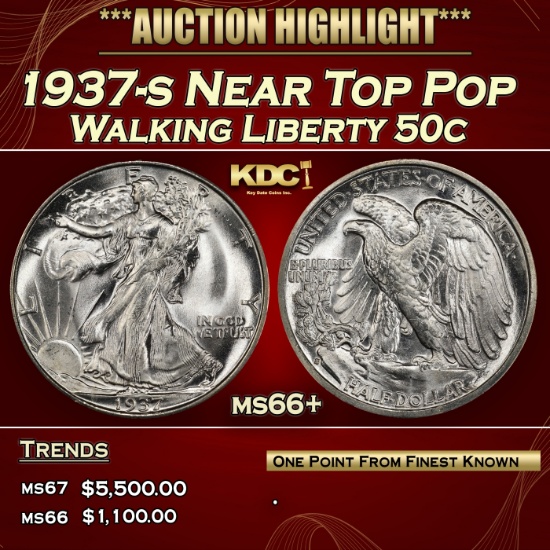 1937-s Walking Liberty Half Dollar Near Top Pop 50c ms66+ SEGS