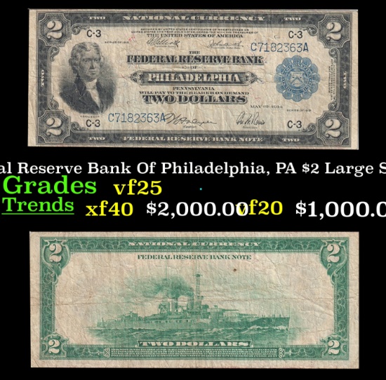 1918 $2 Large Size National Currency "Battleship" The Federal Reserve Bank Of Philadelphia, PA Grade