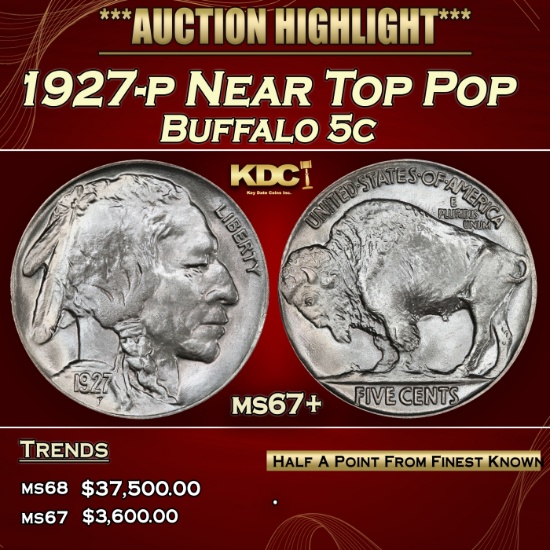 1927-p Buffalo Nickel Near Top Pop 5c ms67+ SEGS
