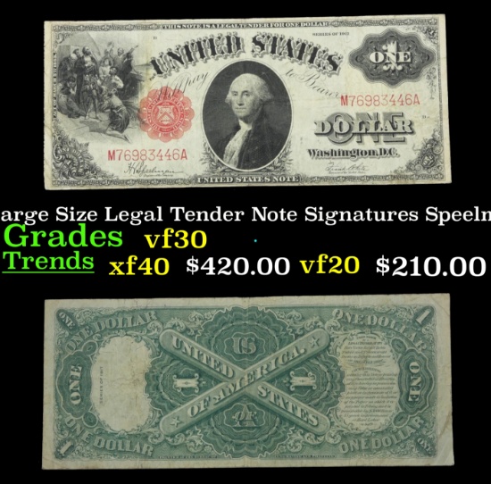 1917 $1 Large Size Legal Tender Note Grades vf++ Signatures Speelman/White