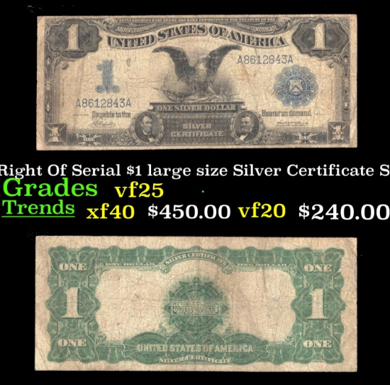 1899 $1 large size Silver Certificate "Black Eagle" Date Right Of Serial Grades vf+ Signatures Napie